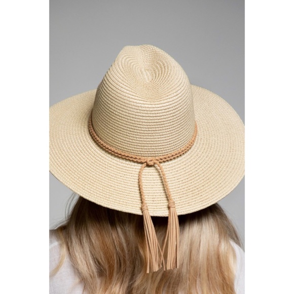 Natural Faux Suede Wide Brim Braided Double Band Tassel Woven Panama Hat - Picture 3 of 7